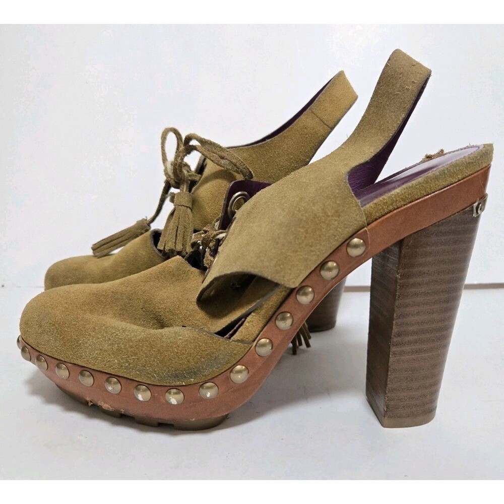 Coach Heels Womens 8.5 B Poppy Rena Brown Suede Studded Platform Clogs - Picture 4 of 8